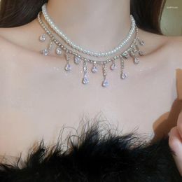 Pendant Necklaces MENGJIQIAO Korean Zircon Waterdrops Tassel Pearl Double Layer Necklace For Women Girls Chain Collar Collarbone Wedding