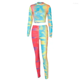 Work Dresses Women 2 Piece Workout Outfits Long Sleeve Turtleneck Crop Top High Waist Leggings Neon Color Block Tie-Dye Tracksuit N7YE