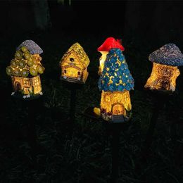 Lawn Lamps Creative Solar Resin Mushroom House Light Outdoor Waterproof LED Cartoon Ground Plug Light Garden Decoration Lawn Landscape Lamp Q231125