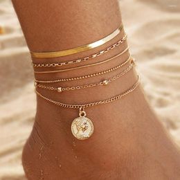 Anklets Bohemia Gold Colour Coin Jewellery Boho Ankle Bracelets Set For Women Anklet Chain On Leg Charm Beads