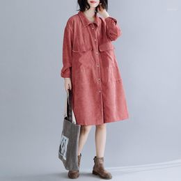 Casual Dresses Women's Autumn Winter 2023 Plus Size Corduroy Dress Women Loose Mid-Length Pink Literary Long Sleeve Shirt Q299
