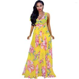 Casual Dresses Summer European And American Fashion Women's Deep V-neck Beautifully Printed Chiffon Sweet Sleeveless Stretch Dress AL05