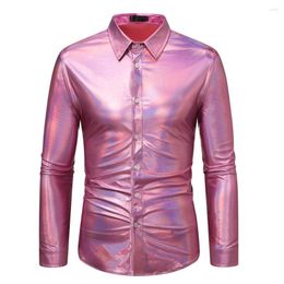 Men's Dress Shirts Fashion Men Shirt Attractive Autumn Button Down Disco Gold/Silver/Pink Lapel Long Sleeve Nightclub Party Shiny