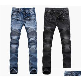 Men'S Jeans Fashion Mens Foreign Trade Light Blue Black Pants Motorcycle Biker Men Washing To Do The Old Fold Trousers Casual Runway Dhrmp