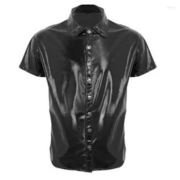 Men's Casual Shirts Nightclub PVC Leather Tops Fashion Short Sleeve Button-up PU Slim-fit T Latex Wetlook Dance Clubwear