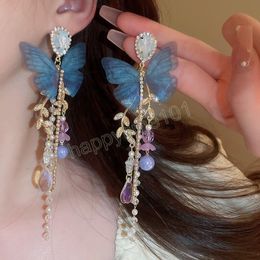 Diamond Set Crystal Mesh Butterfly Pearl Women Earrings Long Tassel drop Earrings Female Fashion Jewelry 2023 Daily Gift