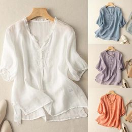 Women's T Shirts Cotton Linen Embroidery V Neck Short Sleeved Shirt Female Summer Thin Wood Ear Wrinkles Large Size Loose Air Tops 2x