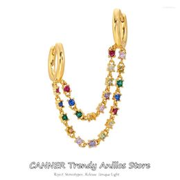 Hoop Earrings CANNER 1pc 925 Sterling Silver Gold Colourful Zircon Double Chains Earring Fashion Circles Huggies Jewellery Aretes