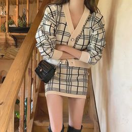 Work Dresses Women Spring Autumn Plaid Knit Cardigan Long Sleeve And Skirt Two-Piece Sets Ladies Sweet Suits