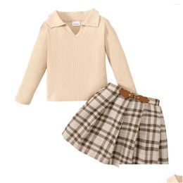 Clothing Sets Toddler Girls Long Sleeve Solid Colour Ribbed Tops Plaid Skirt Two Piece Outfits Set For Girl Pant Baby Clothes Drop Del Otesy