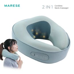Face Care Devices 2 in 1 Electric Portable Neck Massager Wireless U Shaped Pillow Shoulder Cervical Kneading Massage With Heat Relax Travel Car 231123