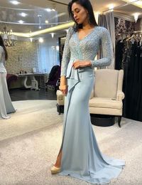 2023 Side Split Mermaid Evening Dresses V Neck Long Sleeves Sweep Train Beaded Prom Party Dresses Formal Gowns Vestido De Noche