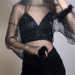 Women's T Shirts Glitter Diamonds Fishnet Feather T-Shirt Tops Women Mesh Long Sleeve O Neck Sexy Hollow Out See Through Club Party Tees