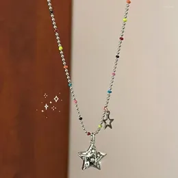 Pendant Necklaces Candy-colored Beaded Two Stars Five-pointed Necklace Niche Simple Versatile Chain Female Alloy Collarbone