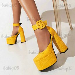 Dress Shoes Yellow Black Brown Women High Heel Shoes Platform Thick High Heel Ladies Pumps PU Leather Square Toe Buckle Women's Shoes 2022 T231125