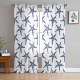 Curtain Summer Starfish Textured Navy Blue Curtains For Living Room Transparent Tulle Window Bedroom Decor Veil Drape