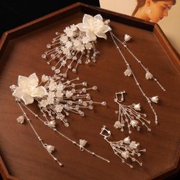 Necklace Earrings Set Crystal Wedding Hairpin Jewelry For Women Silver Color Floral Tassel Hair Clip Dangler Charm Party Bride