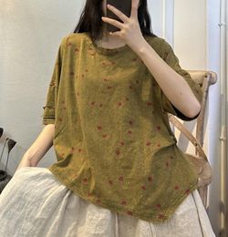 Women's T Shirts 2023 Women Shirt Printing Floral O Neck Irregular Cotton Basic Tops Summer Fashion Female YoYiKamomo