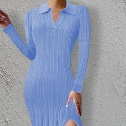 Casual Dresses Knitted Dress Charming Hip Wrap Sweater Pure Color Striped Side Split Bodycon Female Clothing
