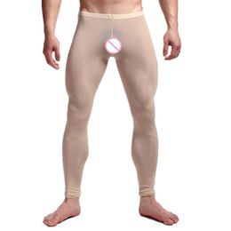 Sexy Men See-through Pants silky Tights Milk Fiber Leggings Trousers Long Johns Underwear U Convex Pocket Mens Wrestling Singlet2703