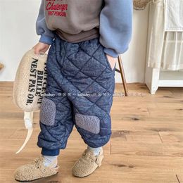 Trousers 2023 Winter Baby Plus Velvet Thick Casual Pants Girls Cotton Padded Fashion Patch Boy Warm Infant Clothes