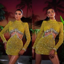 Gorgeous Mermaid Prom Dresses Designer Sequined Long Sleeves Beads Hollow Cutaway Sides Short Dress Sexy Custom Made Plus Size Party Dress Vestido De Noite