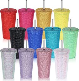 17oz Diamond Tumblers With Lid 500ml Stainless Steel Water Bottles Colorful Shinny Drinking Cups Double Wall Insulated Tumbler A12