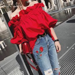 Women's Blouses Shirts Autumn Fashion Pure Color Lantern Sleeve Minute Lotus Leaf Side Off Shoulder Top Slash Neck Streetwear Red Female Tops 230424