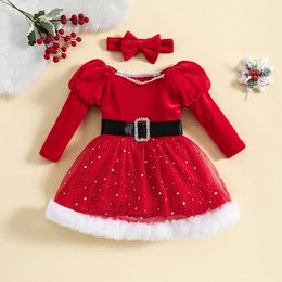 Girls Dresses ma baby 6M4Y Christmas Toddler Kids Girl Red Dress Long Sleeve Sequins Tulle Bow Tutu Party Headband Xmas Costumes D05 231124