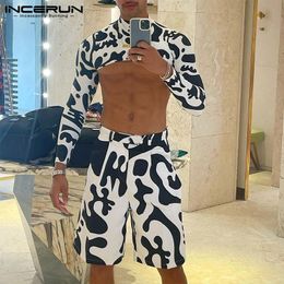 Mens Tracksuits INCERUN Fashion Sets Printing 2023 Streetwear Turtleneck Long Sleeve Crop Tops T Shirt Shorts 2PCS Casual Suits 5XL 7 230425