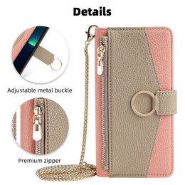 Custom Pebbled Leather Flip Wallet Phone with Stand Wrist Crossbody Shoulder Strap Chain for Iphone 14 15 Case