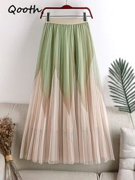 Skirts Qooth High Waist Long Pleated Skirt Patchwork Gauze Mesh Midi Skirt Vintage Floral Print A-line Skirts Korean Fashion QT1238 230425