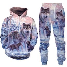 Men and Women 3D Printed Forest Wolf Style Casual Clothing Wolf Fashion Sweatshirt Hoodies and Trousers Exercise Suit 011