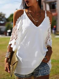 Women's Blouses Women Off Shoulder Blouse Shirt Elegant Lace Patchwork Loos Top Sexy V Neck Oversize Casual Copped Fashion