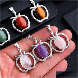 Charms Natural Stone Crystal Carving Oval Apple Charms Tiger Eye Rose Quartz Rhinestone Women Pendants For Necklace Jewelry Making Dro Dhzdv