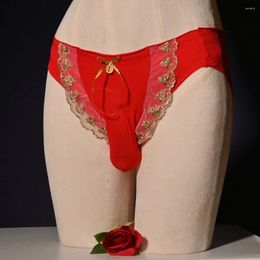 Underpants Sexy Men Sissy Panties Sheer Lace Ball Pouch Sheath Underwear Red Bronzing Brief Low Rise Hip Lift Unederpants Gay Lingerie