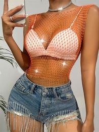 Women's Tanks 2023 INS Summer Pullover Black Sexy Cutout Slim-Fit Halter Waist-Tight Solid Color Square Collar Fishnet Shirt