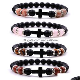 Bangle 8Mm Black Matted Beads Strand Rose Quartz Tigers Eye Cross Charms Bracelet Men Women Yoga Healing Nce Bangle Drop Delivery Jewe Dhuo8