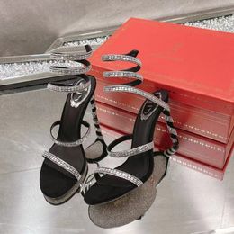 Затем Sandals High Heels Trate Shose Sandal Luxury Designer Crystal resp rafn, намотанный 10-миллиметровый модный шпилький каблук для женщин Rene Caovilla Size35--43