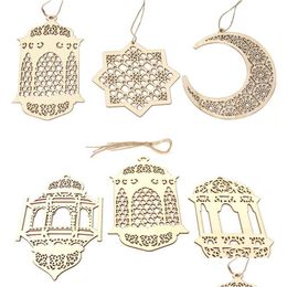 Other Festive Party Supplies 2021 Ramadan Wooden Decor Eid Mubarak Muslim Moon Star Plate Hollow Pendant Islamic Festival Event Fa Dhf6Z