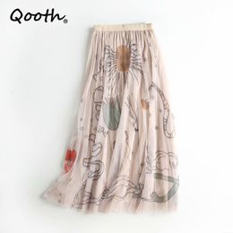 Skirts Qooth Fairy Floral High-waisted A-line Mesh Spring Summer Casual Black Midi Long Women Sweet Tulle QT703 230424