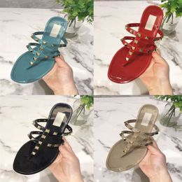 Summer New Double Strap Rivet Flat Slippers Beach Non-Slip PVC Gel Shoes Vacation Flat Heel Women's Shoes