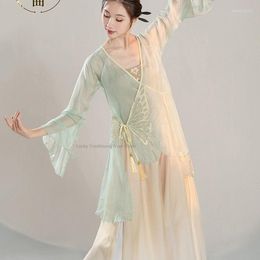 Stage Wear Chinese Classical Dance Practise Costume Women's Gauze Dress V-neck Blouse Style Folk Performance