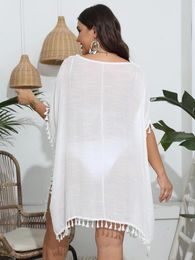 Women's Swimwear 2023 Crochet V-nech Swim Cover Up Womens Summer Beach Dress Tassel Sundress Pareo Tunics White Large Wear Coverup