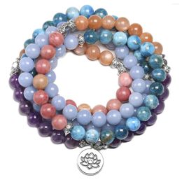 Strand Natural Stone 108 Mala Bracelet For Men Angelite Apatite Sunstone 8MM Beads Bracelets Women Yoga Meditation Lotus Charm Jewelry