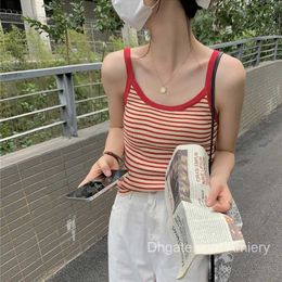 2023 Trendy Striped Suspender T-shirts Outerwear Women's Knit Tshirts Bottoming Sleeveless Top Slim Fitting Vest Crop Tops For Women