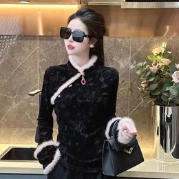 Women's Blouses Chinese Style Stand Neck Long Sleeve Casual Shirts Women Autumn Winter Fur Edge Joining Clothes Tops Black