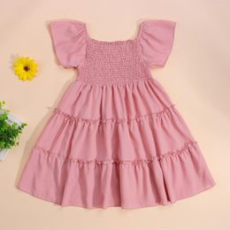 Girl Dresses 2-6Years Toddler Smocked Princess Dress Baby Girls Solid Colour Short Sleeve U-shaped Neck Ruffle
