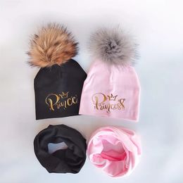 Caps Hats Baby set for Girls golden letter princess prince crown Hat Boy kintted Cotton Children Scarf Collar Kid Beanie 231124