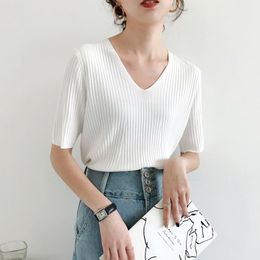 Women's T Shirts 2023 Spring Elegant Sweet Solid Causal Pull Jumpers Y2k Korean Knitted Tops Summer Women Sexy V-neck Short Sleeve Knitwear